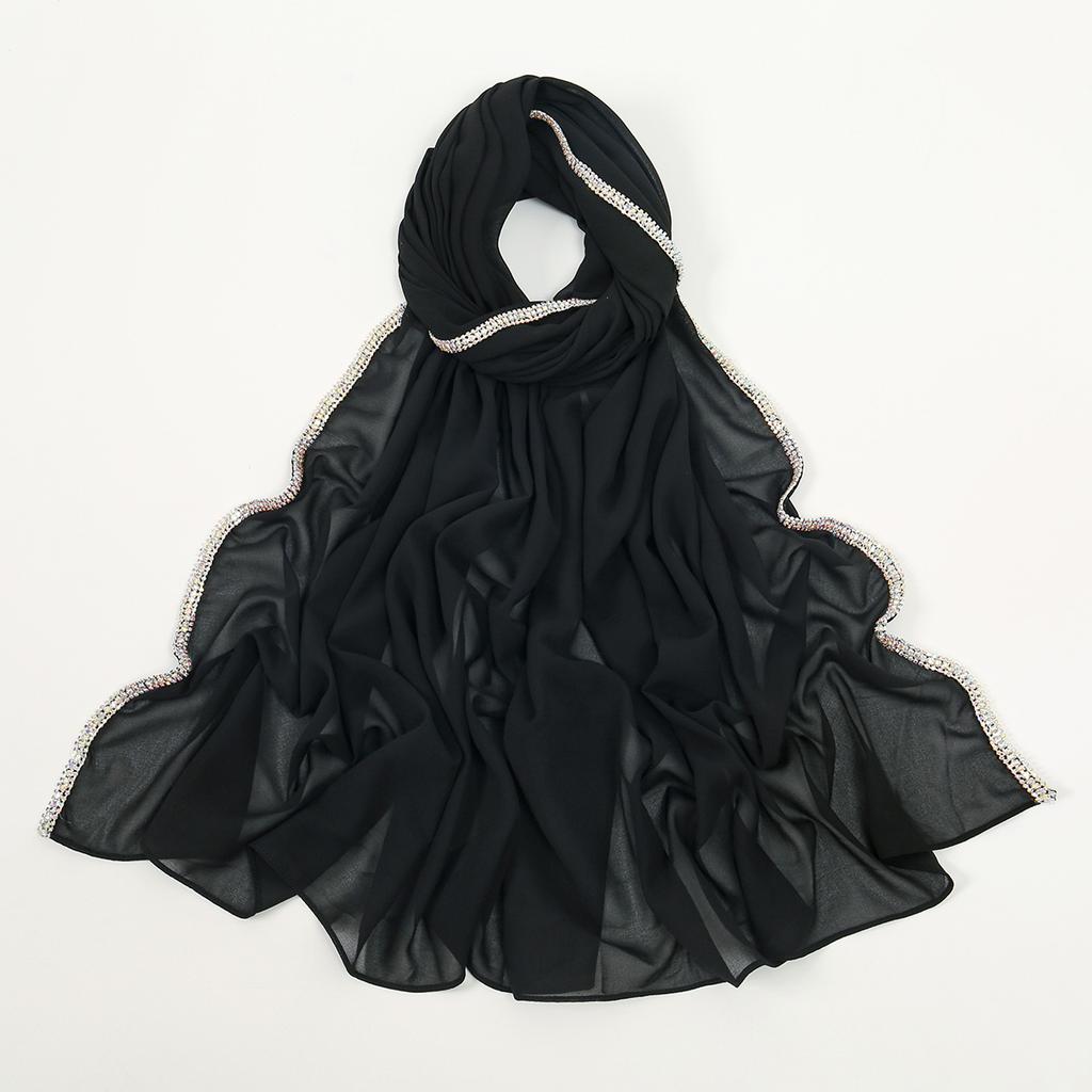 Luxury Rhinestone Chiffon Solid Long Scarf Islamic Women's Head Wrap Neck Scarf Hijab Lightweight Turban Headband 180*70CM