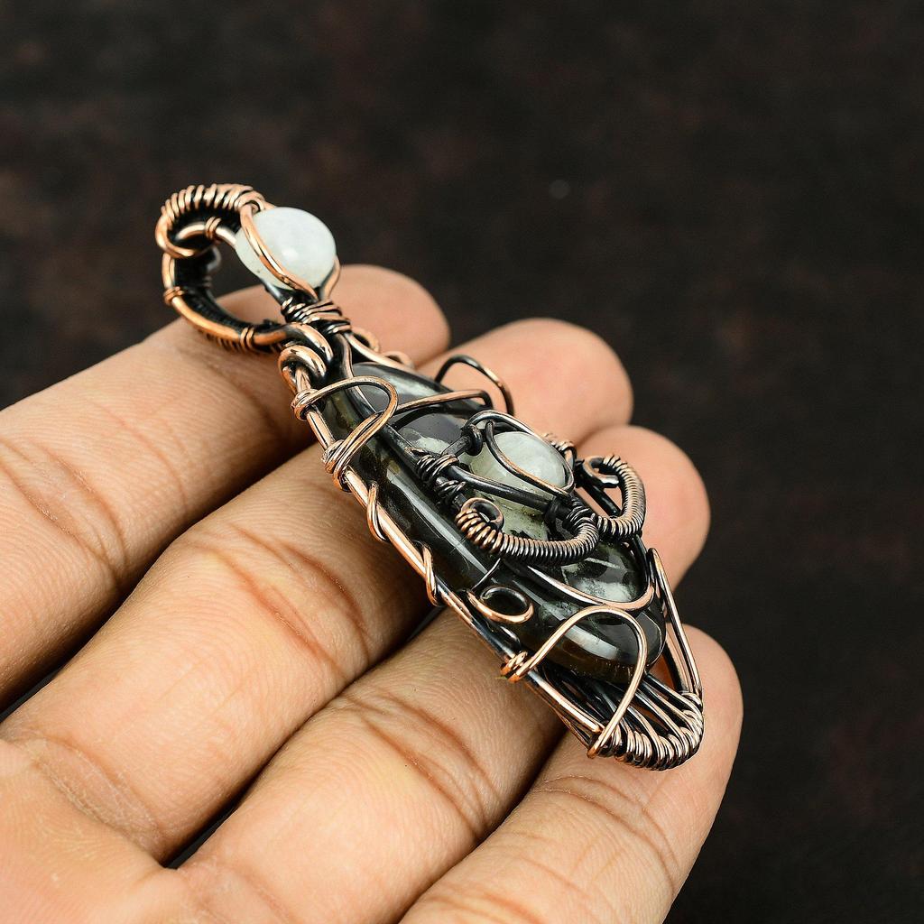 Подвеска из марокканской грязи с трещинами, ископаемая, обернутая медной проволокой, драгоценный камень, подвеска ручной работы, подвеска из радужного лунного камня, украшение от сглаза в подарок