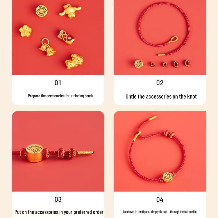 Браслет из бисера, золотой, знак зодиака года, красный, ручной работы, на веревочке