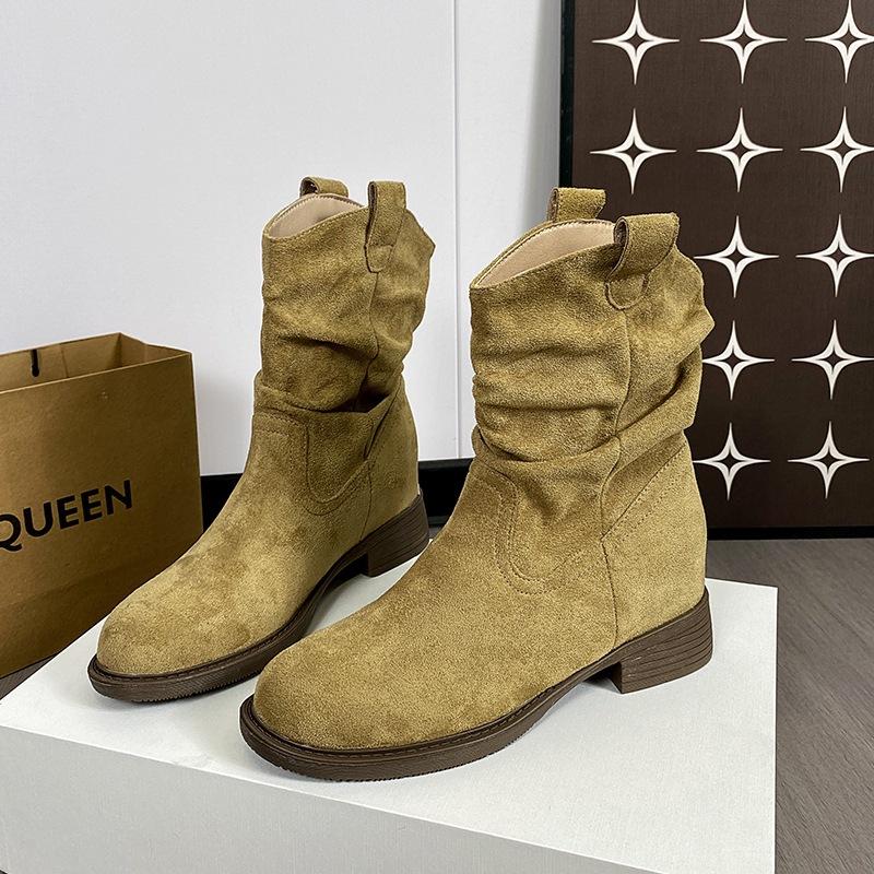 Винтажные одинарные ботинки на низком каблуке, ботинки с ворсом, женские 2025 новые осенние матовые ковбойские короткие ботинки в западном стиле, ботинки-мартин средней длины