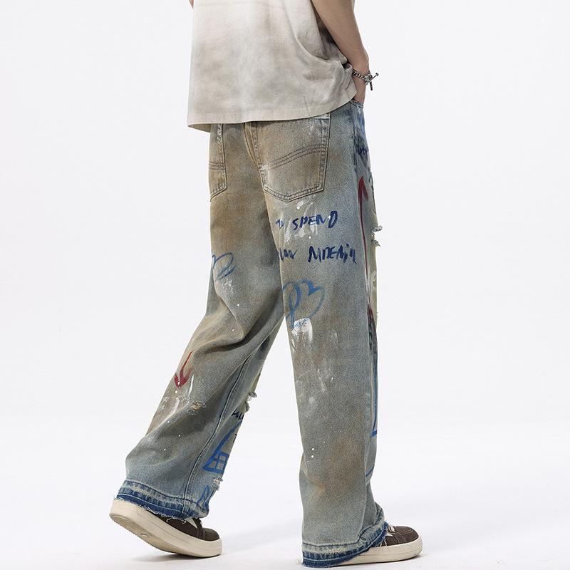 Новые американские уличные граффити рваные крашеные джинсы мужские прямые свободные широкие штанины