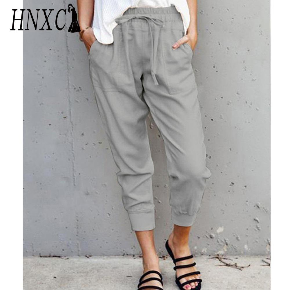 HNXC Летние женские свободные брюки большого размера однотонные простые на шнуровке прилегающие повседневные брюки-капри