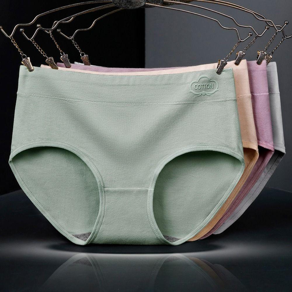 4pcs Solid Color Women Underwear Lingerie Mid Waist Briefs Breathable Cotton Panties Lady