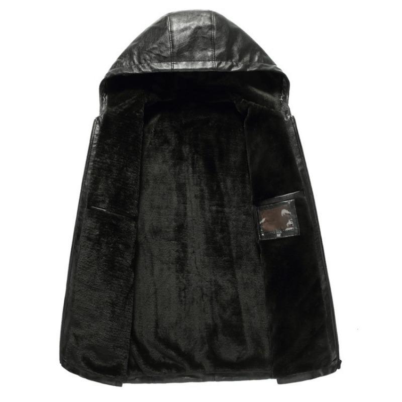 Мужское кожаное пальто с капюшоном, утолщенное бархатом, короткая зимняя куртка для взрослых, красивая короткая куртка для папы