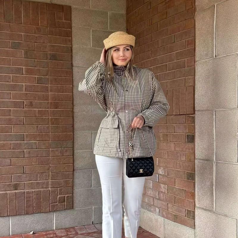 Womens Plaid Jacket Long Sleeve Stand Collar Casual Slim Fit Outerwear Fashion Coat