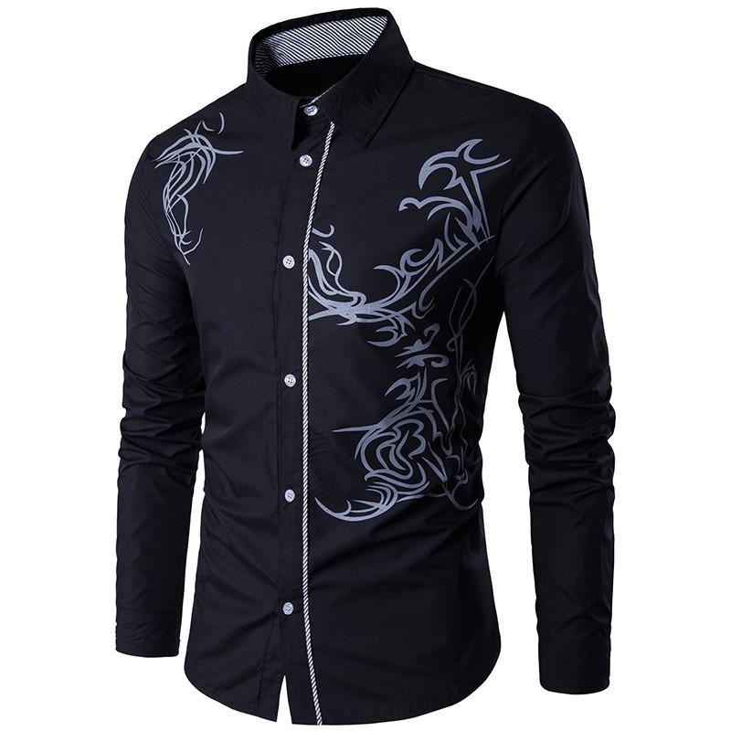 Men Tribal Vine Print Lapel Full Button Long Sleeve Contrast Cuff Dress Shirt