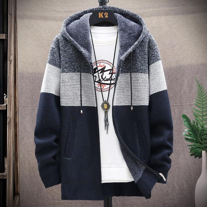2024 Winter Men Sweater Add Velvet Cardigan Patchwork Color Stand Collar Male Casual Zipper Knitted Thick Warm Sweatercoat