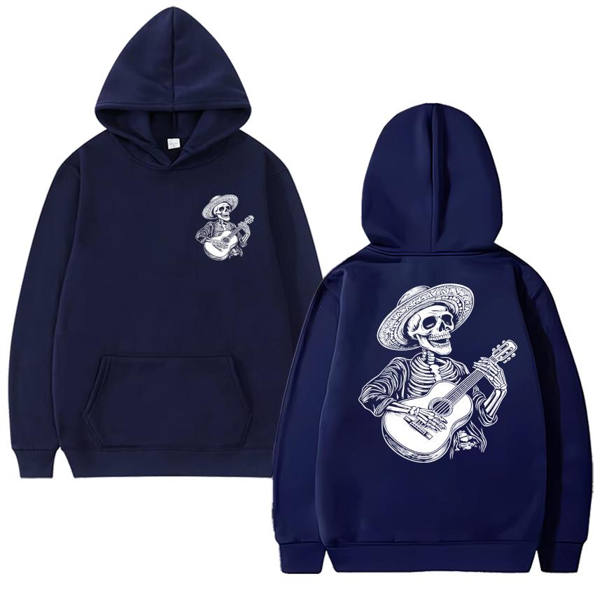 Guitar Player Skull Skeleton Gift Double Sided printed Black streetwear Men women hip hop Casual Hoodies Unisex Fleece pullovers