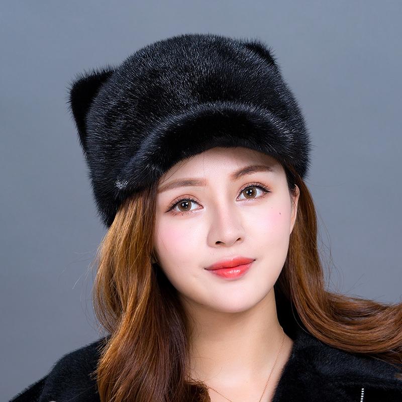 Новая женская норковая шапка с милыми кошачьими ушками (Хлеб в форме кошачьих ушей, приготовленный на пару) Норковая кожаная шапка Зимняя теплая меховая шапка