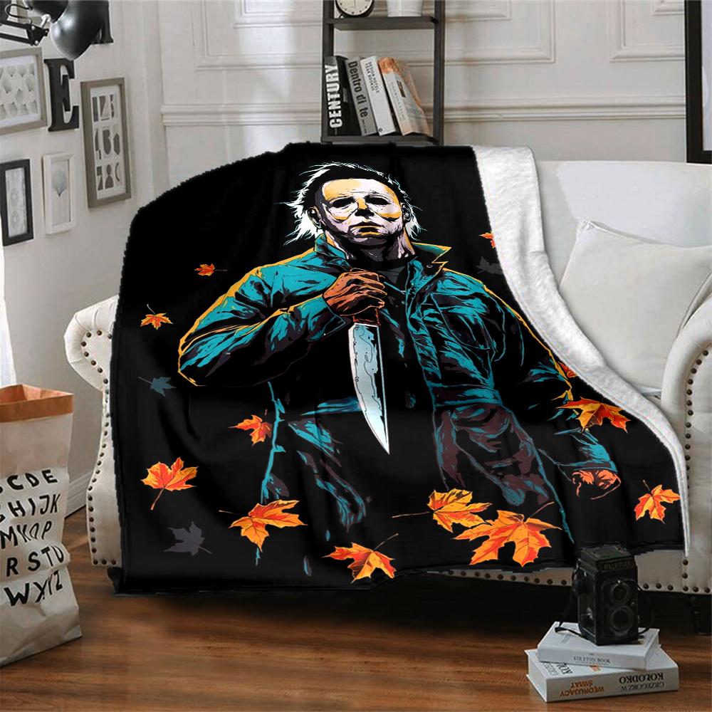 1Pc Halloween Horror Icon Flannel Blanket, Soft And Comfortable, Casual Warm, Camping Travel, Christmas, Halloween Xmas Gift L175