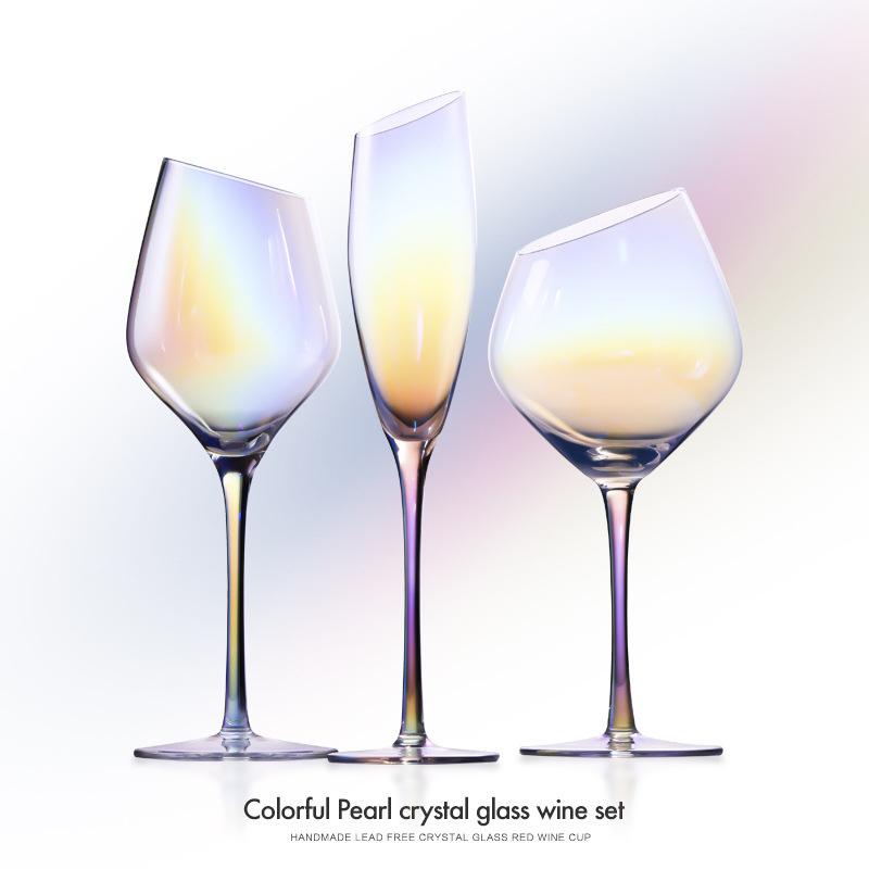 2 Pcs Color Pearl Crystal Wine Glass Wedding Party Glassware Drink Cup Plating Rainbow Oblique Bordeaux Goblet Champagne Flutes
