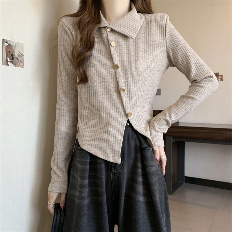 Women's Pullover Knitted Sweater Base Shirt for Autumn and Winter Lapel Long Sleeved Top