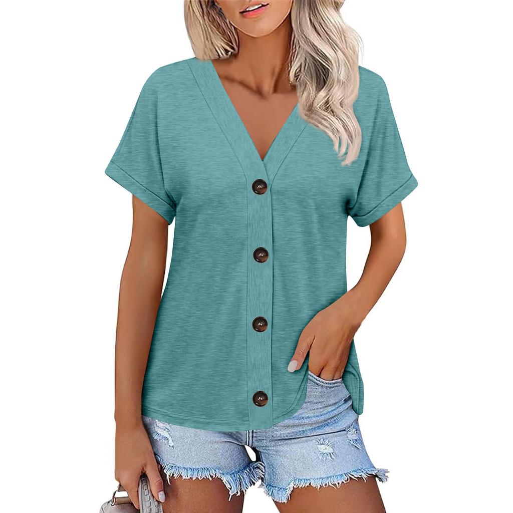 Women's Fashion Short-sleeved V-neck Solid Color Top Casual Button T-shirt