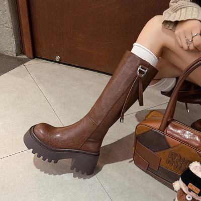 Европейская и американская мода ботфорты на толстой подошве 2025 осень и зима новые круглый носок толстый каблук боковая молния увеличение роста рыцарские сапоги
