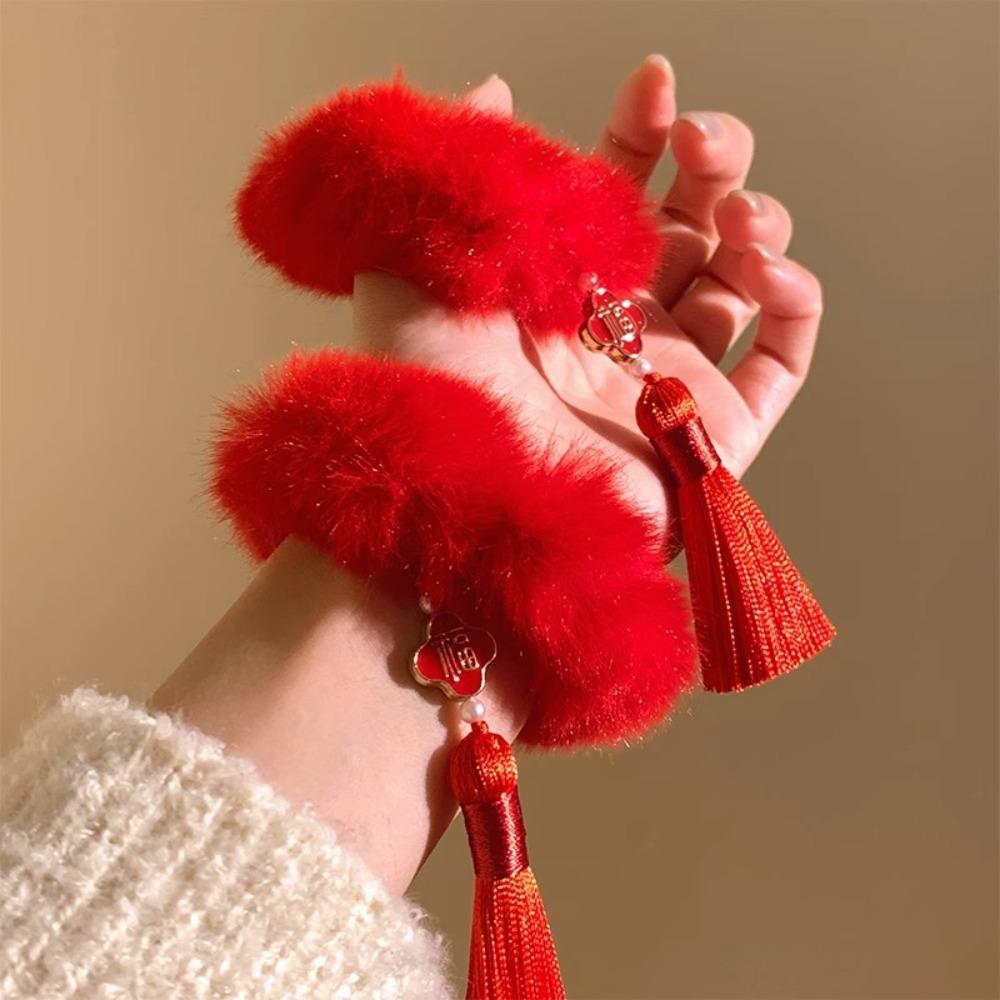 2pcs Universal New Year's Red Plush Hair Rope Ancient Style Girl Hair Ties Girl Headwear Hanfu
