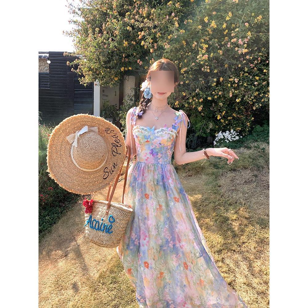 Long Printed Waist a Word Suspender Dress Women's Summer French Casual Women's Retro Temperament High-end Skirt