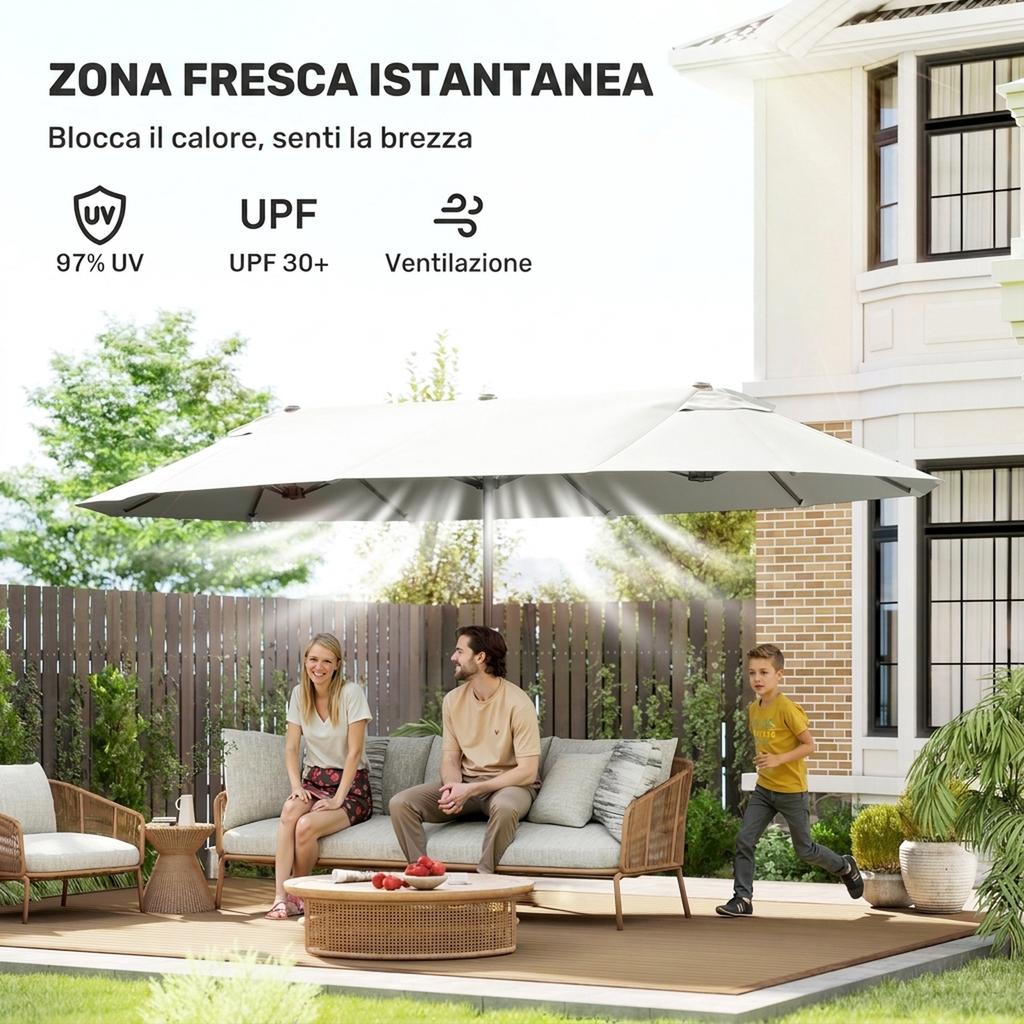 Double Garden Umbrella, 4.6 x 2.7 m, 12 Ribs, with Vents and Crank Handle. Beige