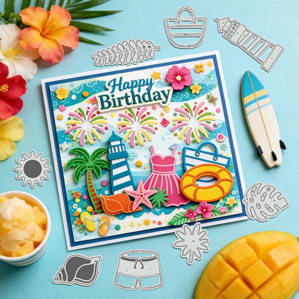 Summer Beach Carbon Steel Cutting Dies Stencils for DIY Scrapbooking Photo Album Decorative Embossing Paper Card Mixed Shapes 183x197x0.8mm