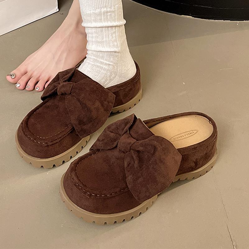 Fashion Bow Flats Women Mules Shoes Platform Suede Slingback Slippers Fashion Dress Sandals 2025 Casual Cozy Designer Zapatos De Mujer