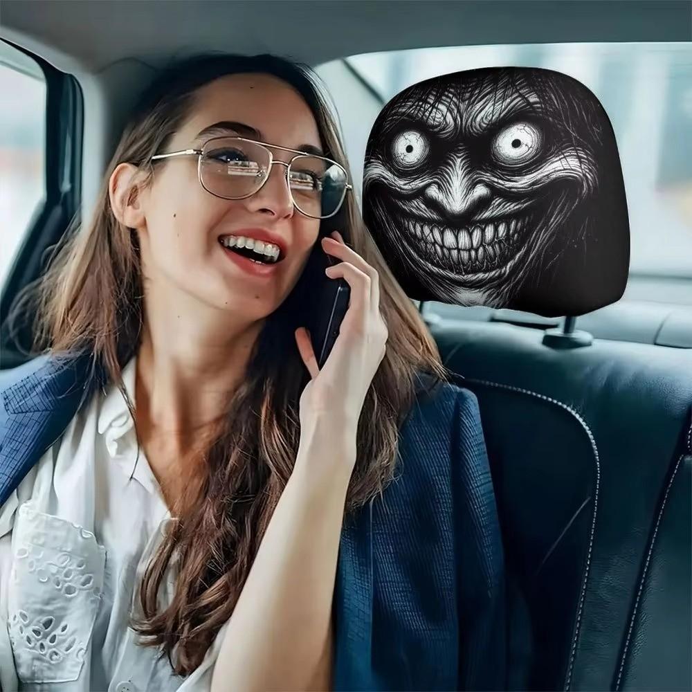 2Pcs Elastic Car Scary Face Headrest Sleeve Breathable Creepy Ghost Car Seat Wrap Halloween
