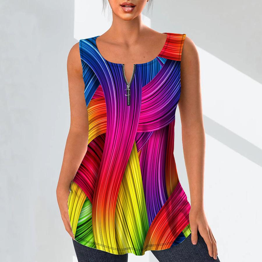 Women's Fashion V Neck Shirts Casual Tops T-shirt Ladies 3D Multicolored Lines Print Vest Plus Size Sleeveless Blouse Tank Tops