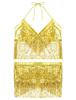 2Pcs Womens Shiny Sequin Tassels Belly Dance Costume Halter Bra Top with Hip Scarf Wrap Skirts Set Ballroom Dancewear