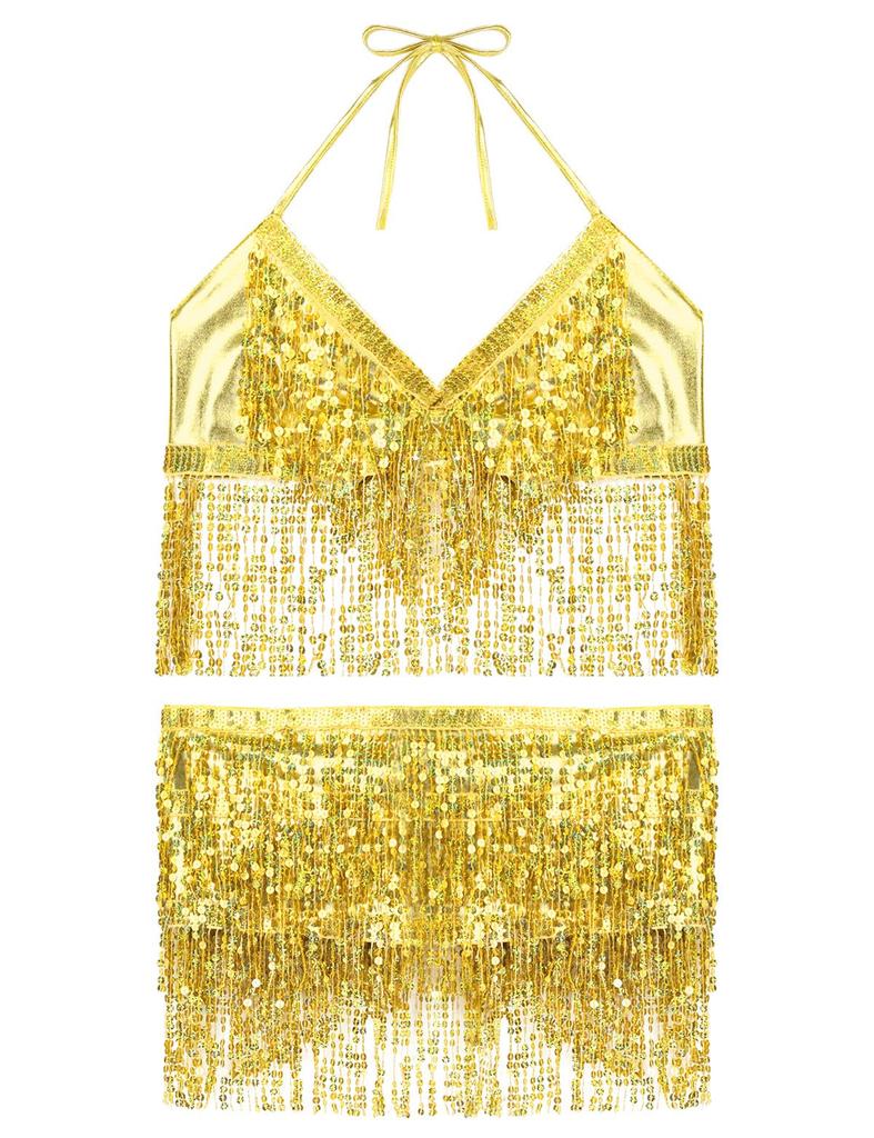2Pcs Womens Shiny Sequin Tassels Belly Dance Costume Halter Bra Top with Hip Scarf Wrap Skirts Set Ballroom Dancewear