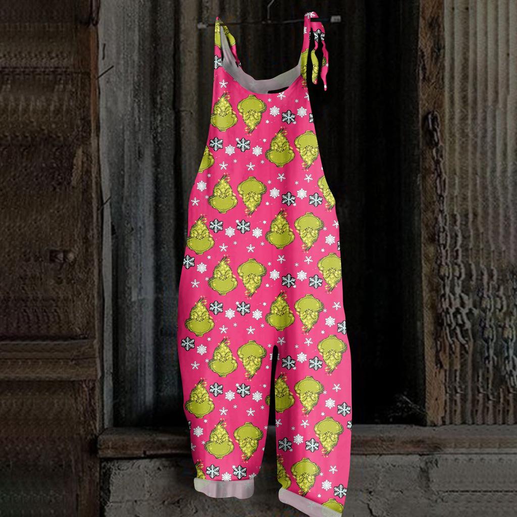 Женский повседневный свободный комбинезон с рождественским принтом, комбинезон с широкими штанинами, без рукавов, с карманами