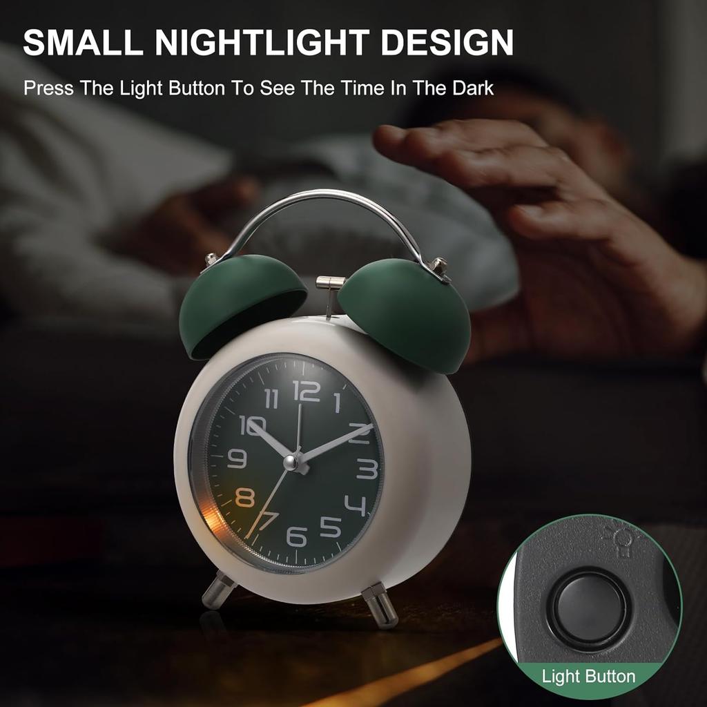 Будильник в стиле ретро с двойным звонком, бесшумный прикроватный будильник без тикания со светящейся подсветкой и ночником для школы-спальни