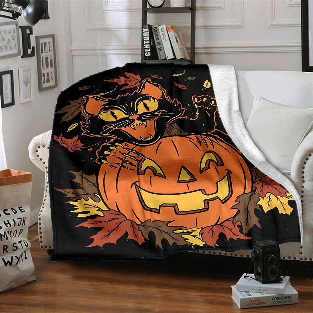 1pc Pumpkin Cat Blanket, Lightweight Flannel Throw Blanket for Sofa, Bed, Travel, Camping, Living Room, Office, Couch017
