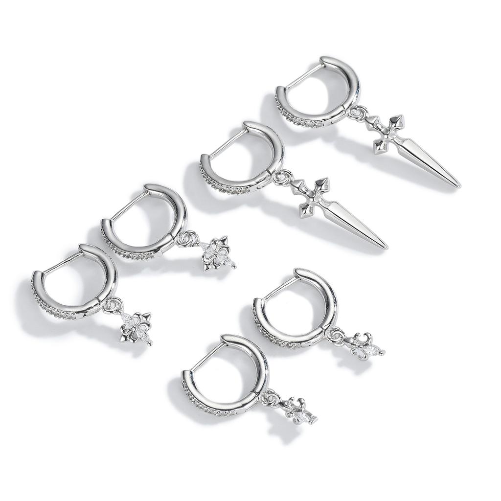 Cross Earrings, Zircon Inlaid Earrings, Straight Needle Iris Cross Flower Ear Buckle Trend Men's and Women's Ear Holes