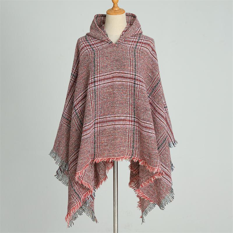 Накидка с капюшоном, клетчатый шарф, имитация кашемира, зимний с теплой шалью, пончо, накидка
