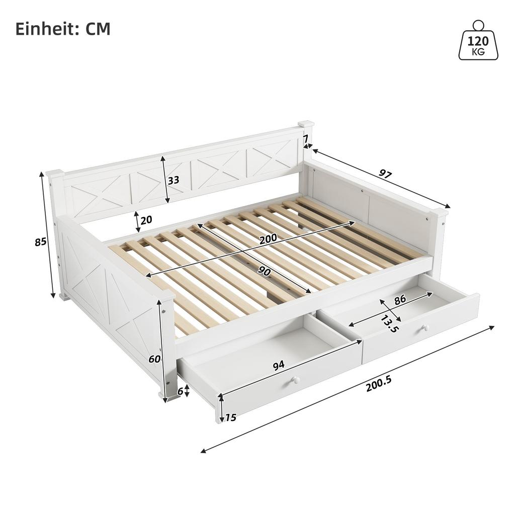 Flieks Sleeper Sofa 90x200 Daybed with Storage, Functional Bed with 2 Drawers, White