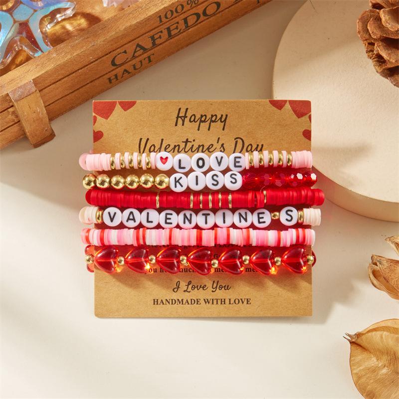 New “LOVE” Pink Heart-shaped Pendant Beaded Elastic Multi-layered Layered Bracelets  for Women Girl Valentine's Day Gift Jewelry