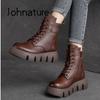 Women Boots Genuine Leather Winter Ziper Round Toe Women Sewing Handmade Retro Ankle Platform Boots