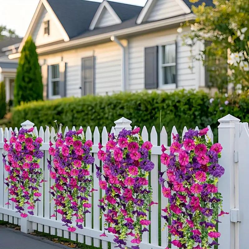 2 шт. Устойчивые к УФ-излучению искусственные вьющиеся растения «Ипомея» – Яркие фиолетовые, розовые и зеленые искусственные цветы для декора сада на открытом воздухе, свадеб, офиса