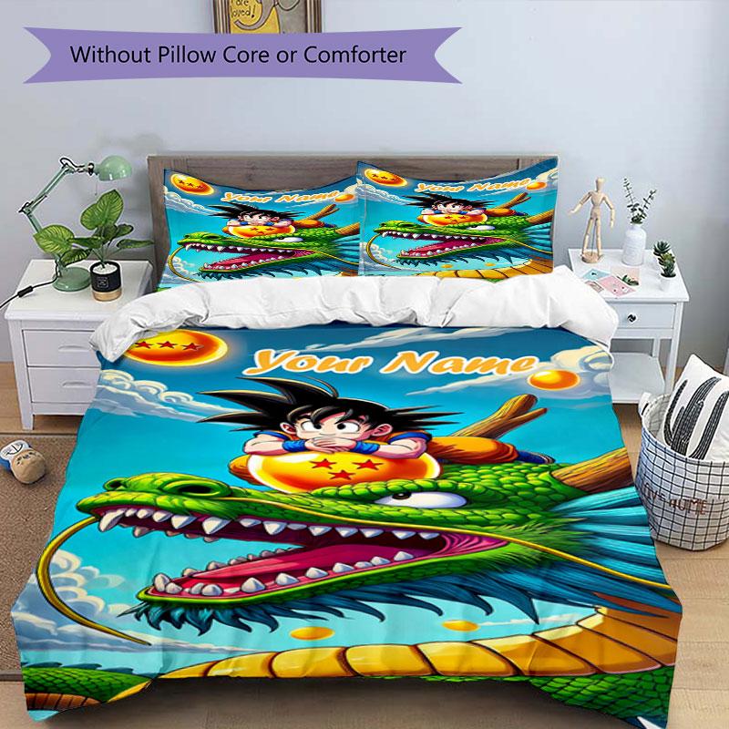 3PC Custom Name Dragon Ball Adventure Bedding Set Printed Bedding Set Duvet Cover Closure Includes 1 Duvet Cover & 2 Pillowcases for All Seasons Bedro