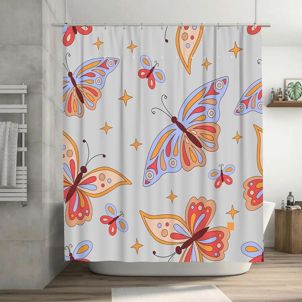 Whimsical Shower Curtain Cartoon Butterfly Print Decorative Waterproof Bath Liner for Kids Bathroom