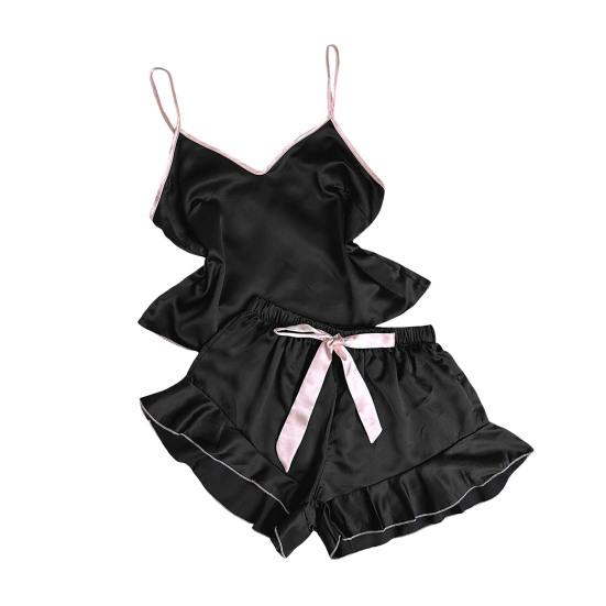 2 шт./комплект женский пижамный комплект атласный бретельки без рукавов спинка V-образный вырез топ эластичный пояс оборка плиссированный бант декор шорты комплект домашняя одежда