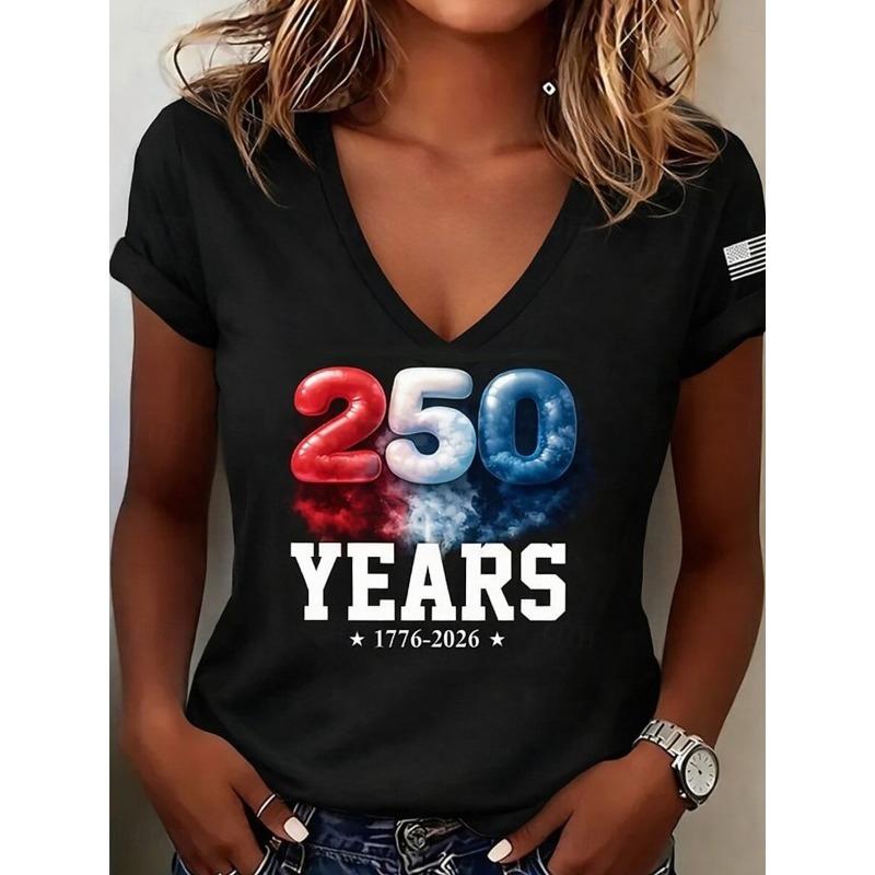 Women's T Shirt Print Graphic American Classic Short Sleeve V Neck Regular TopsSummer Spring