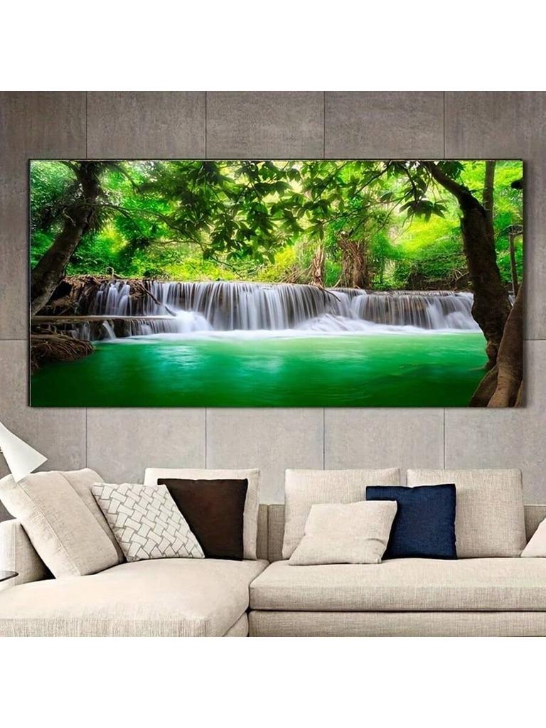 1 Бескаркасная водонепроницаемая холщовая подвесная картина, рисунок с изображением зеленого леса, водопада, природного пейзажа, подходит для гостиной, спальни, кровати, дивана, настенного декора