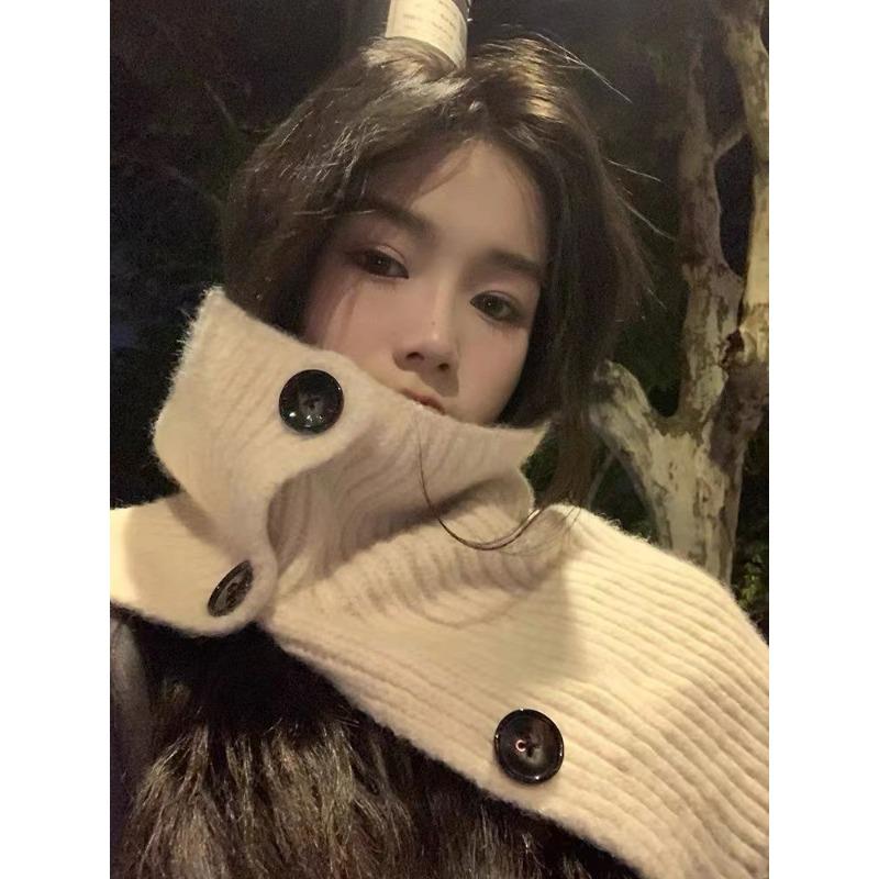 Twist Button Warm Winter Scarf for Women All Match Casual Neck Scarf for Cycling Cold Protection Neck Protection Warm Knitted Scarf Korea