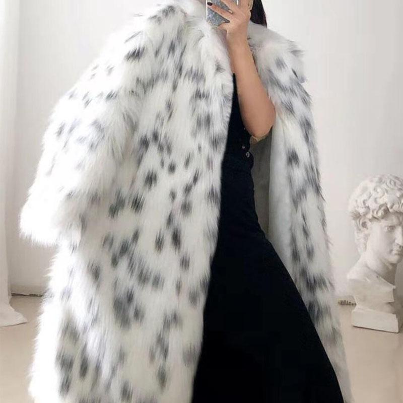 Длинное зимнее пальто с леопардовым принтом больших размеров, женская куртка, плотное теплое пушистое плюшевое пальто с лацканами из лисьего меха