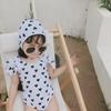 2024 Korean Girl's One-Piece Swimsuit: Black & White Heart with Bow and Lotus Leaf Sleeves.