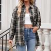 Women's Fashionable Wide Plaid Long Sleeved Loose Button Pocket Shirt Jacket