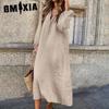 Cotton Linen Solid Color Long Sleeve V-Neck Button Up Long Dress