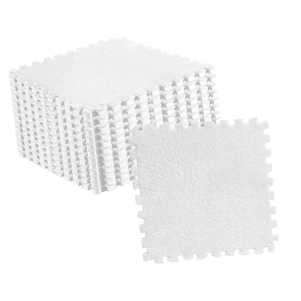 10pcs Plush Puzzle Floor Foam Mat Tiles Fluffy Cuttable Anti Slip Interlocking Carpet Tiles White