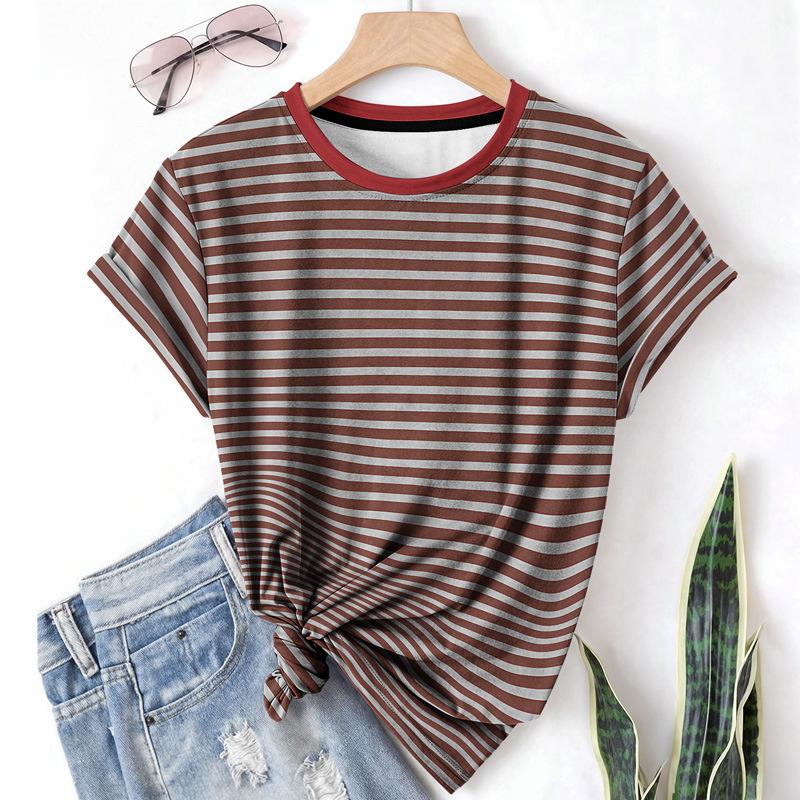 Striped Casual Sports Women's T-shirt Summer Round Neck Short Sleeved Element Pattern Checkered Loose Fit T-shirts