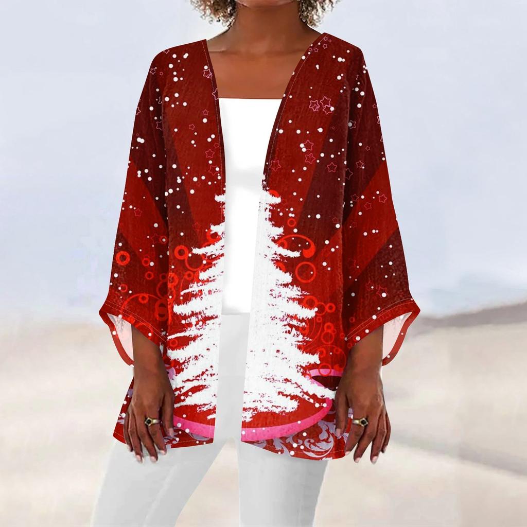 Женская повседневная мода с рождественским принтом легкая куртка средней длины кардиган