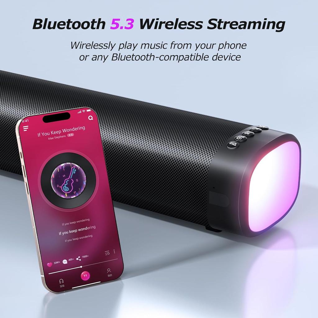 100W Sound Bar for Smart TV with 3 RGB Lights Modes, Bluetooth 5.3 ARC/Opt/AUX Connect Detachable 2-in-1 Speaker3 Equalizer Modes